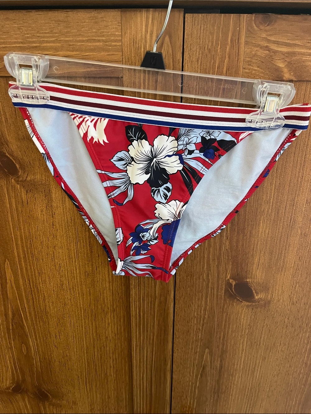 No Boundaries Red Floral Bikini Bottoms with Striped Waistband
